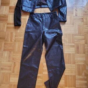 Dynamite Croc-Embossed Leather Jacket in Rich Brown And Pants